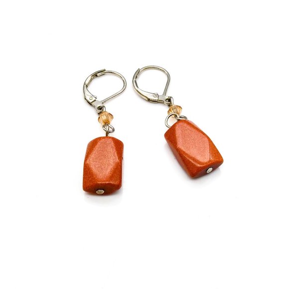 Vintage Faceted Goldstone Earrings, Shimmering Stone Dangles - Picture 2 of 3